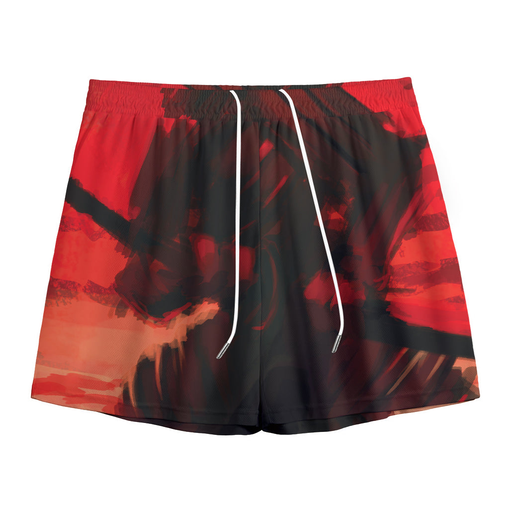 Red Sunset Samurai Print Mesh Shorts