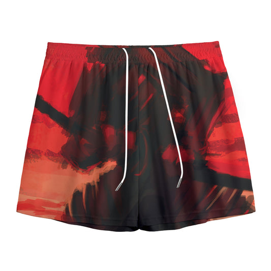 Red Sunset Samurai Print Mesh Shorts