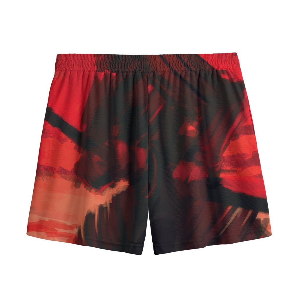 Red Sunset Samurai Print Mesh Shorts