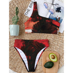 Red Sunset Samurai Print One Shoulder Bikini Top