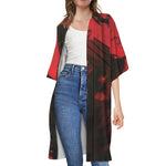 Red Sunset Samurai Print Open Front Beach Cover Up