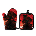 Red Sunset Samurai Print Oven Mitt And Pot Holder Set