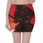 Red Sunset Samurai Print Pencil Mini Skirt