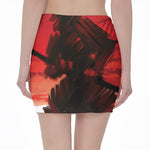 Red Sunset Samurai Print Pencil Mini Skirt