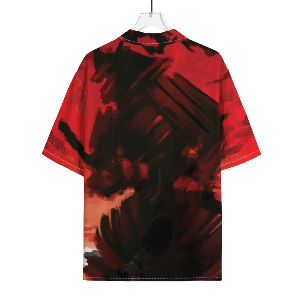 Red Sunset Samurai Print Rayon Hawaiian Shirt