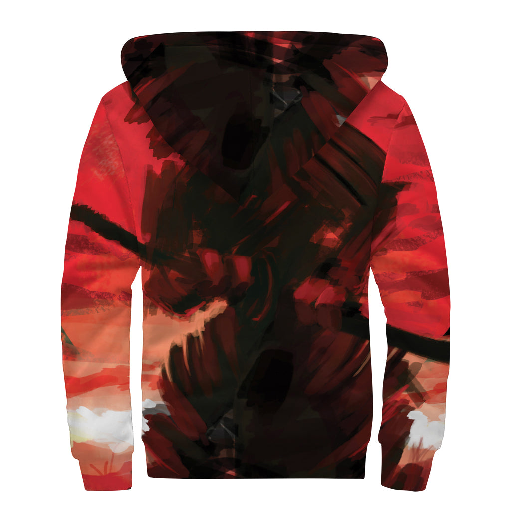 Red Sunset Samurai Print Sherpa Lined Zip Up Hoodie