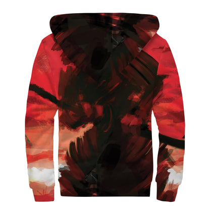Red Sunset Samurai Print Sherpa Lined Zip Up Hoodie