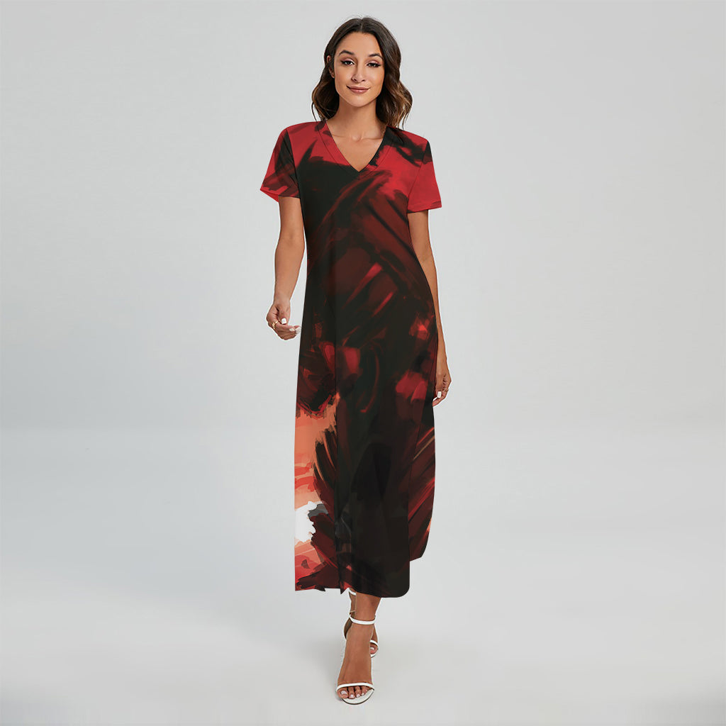 Red Sunset Samurai Print Short Sleeve Maxi Dress