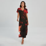 Red Sunset Samurai Print Short Sleeve Maxi Dress