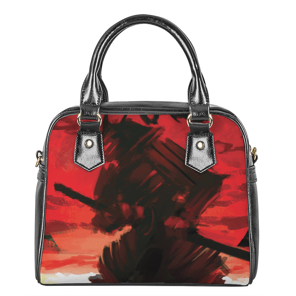 Red Sunset Samurai Print Shoulder Handbag