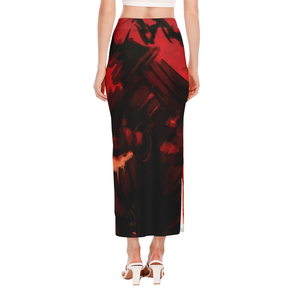 Red Sunset Samurai Print Side Slit Maxi Skirt