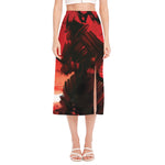 Red Sunset Samurai Print Side Slit Midi Skirt