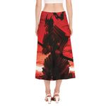 Red Sunset Samurai Print Side Slit Midi Skirt