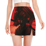 Red Sunset Samurai Print Side Slit Mini Skirt