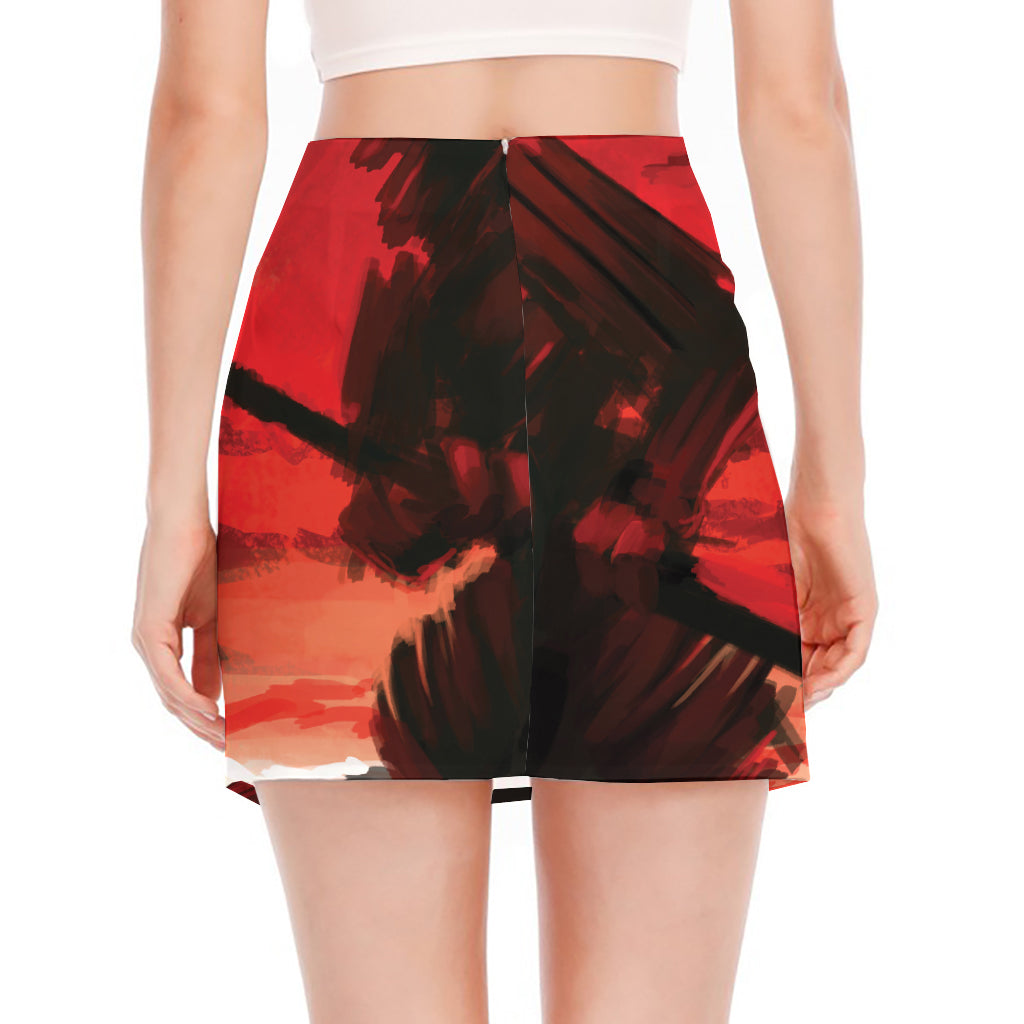 Red Sunset Samurai Print Side Slit Mini Skirt