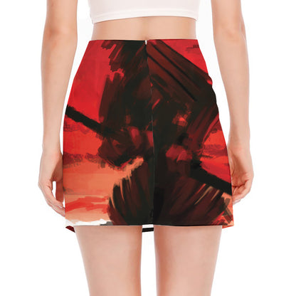 Red Sunset Samurai Print Side Slit Mini Skirt