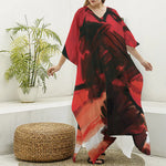 Red Sunset Samurai Print Silk V-Neck Kaftan Dress