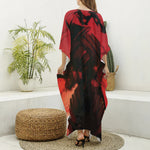 Red Sunset Samurai Print Silk V-Neck Kaftan Dress