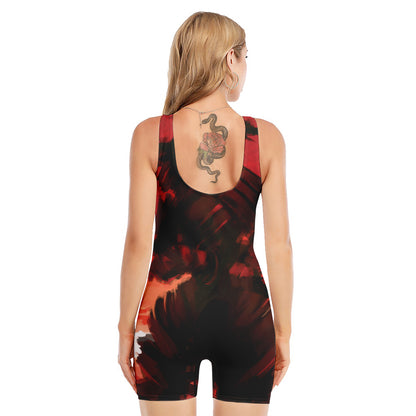 Red Sunset Samurai Print Sleeveless One Piece Swimsuit