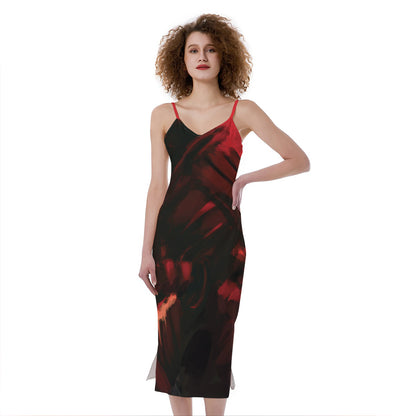 Red Sunset Samurai Print Slim Fit Midi Cami Dress