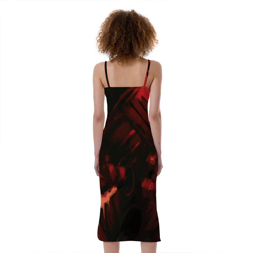 Red Sunset Samurai Print Slim Fit Midi Cami Dress
