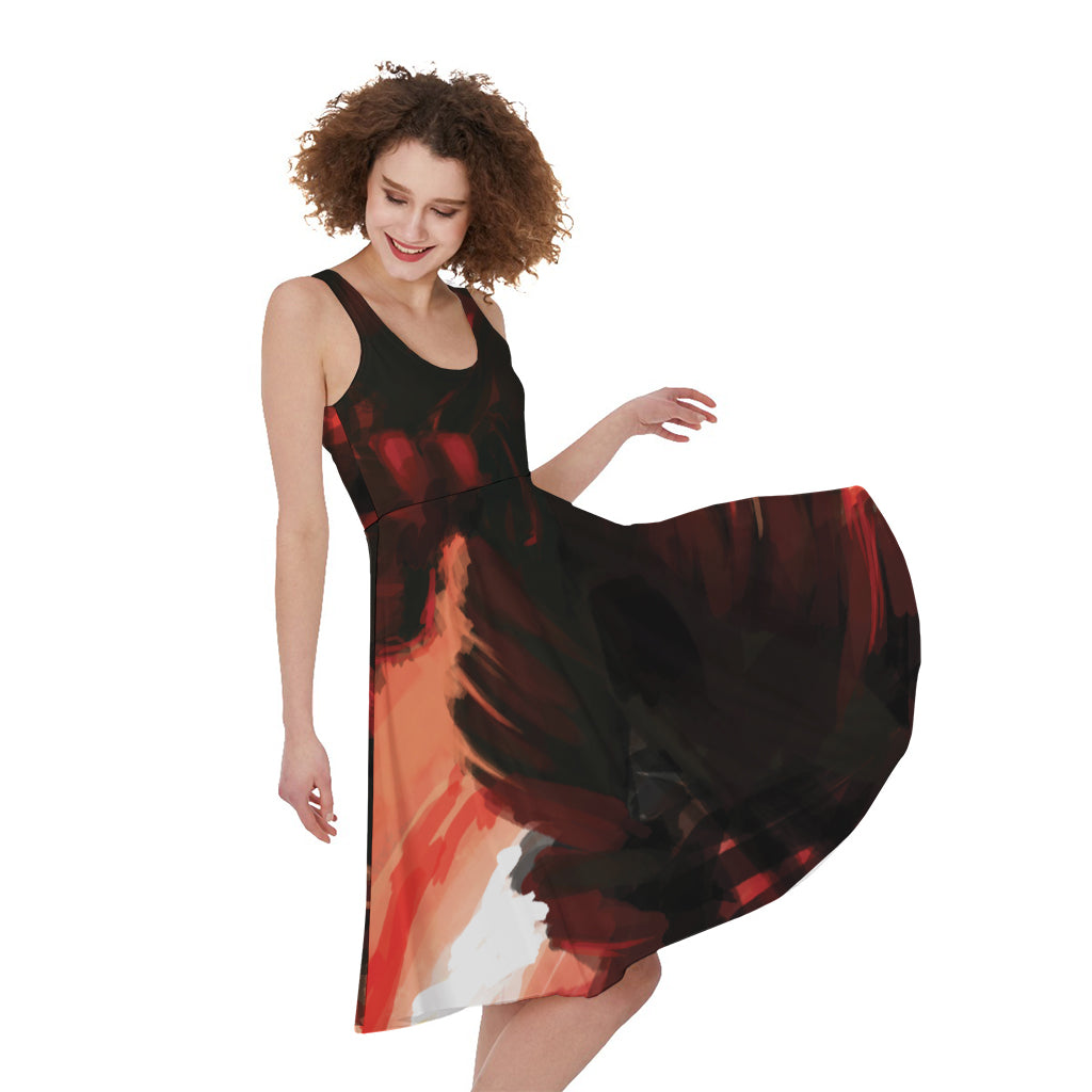 Red Sunset Samurai Print Women's Sleeveless Dress