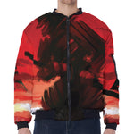 Red Sunset Samurai Print Zip Sleeve Bomber Jacket