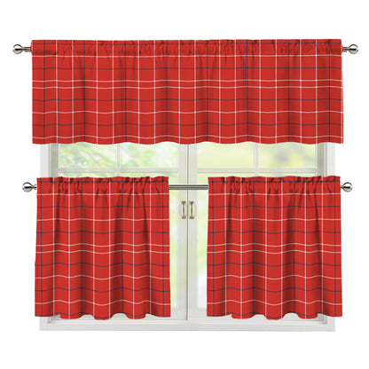Red Tattersall Pattern Print 3 Piece Kitchen Curtains