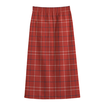 Red Tattersall Pattern Print Cotton Front Slit Maxi Skirt