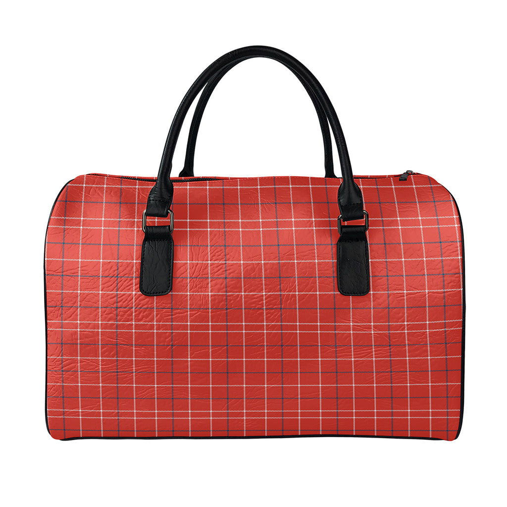 Red Tattersall Pattern Print Leather Duffle Bag