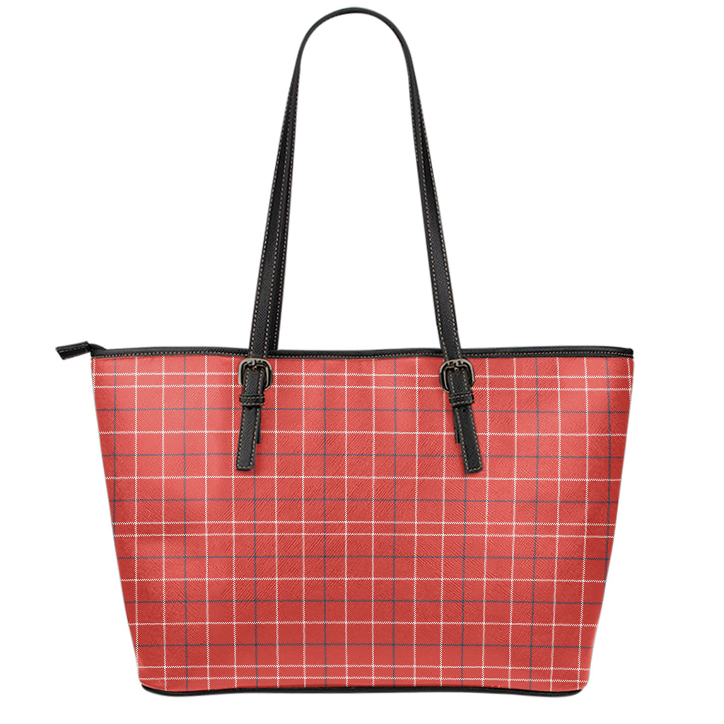 Red Tattersall Pattern Print Leather Tote Bag