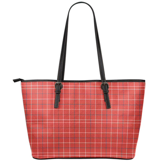 Red Tattersall Pattern Print Leather Tote Bag