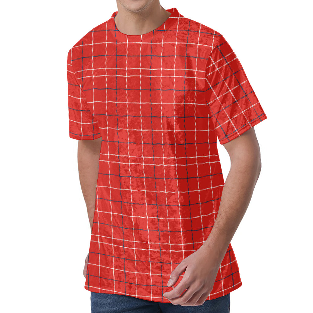 Red Tattersall Pattern Print Men's Velvet T-Shirt