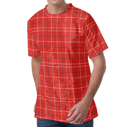 Red Tattersall Pattern Print Men's Velvet T-Shirt