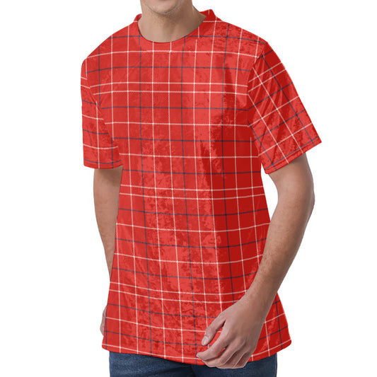Red Tattersall Pattern Print Men's Velvet T-Shirt