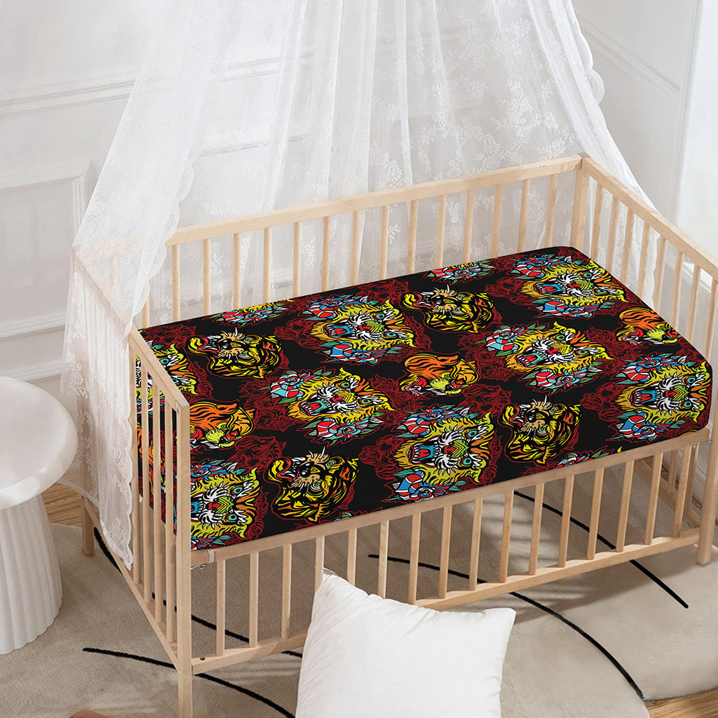 Red Tiger Tattoo Pattern Print Baby Crib Sheet