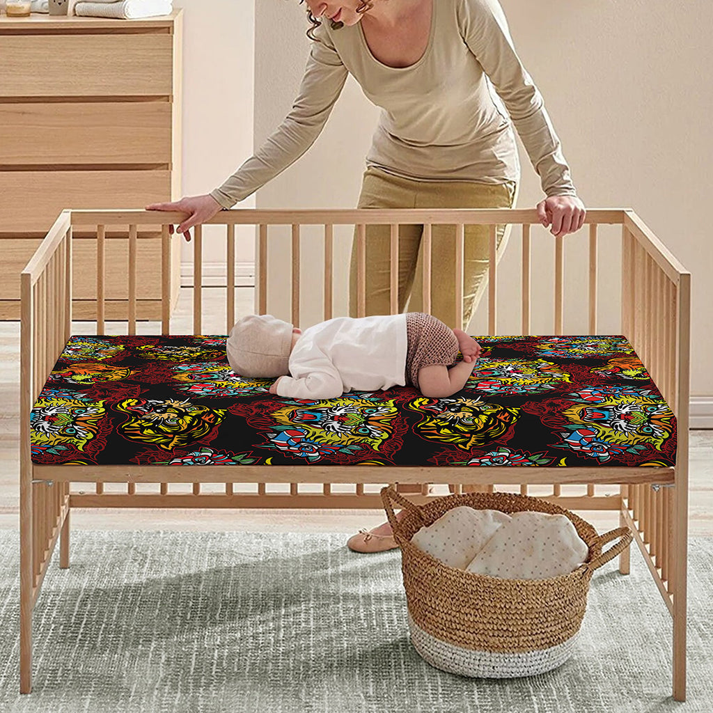 Red Tiger Tattoo Pattern Print Baby Crib Sheet
