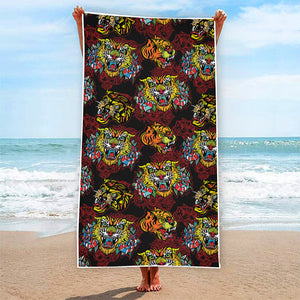 Red Tiger Tattoo Pattern Print Beach Towel