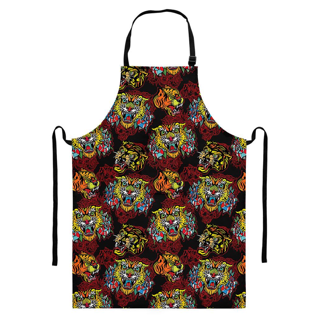Red Tiger Tattoo Pattern Print Bib Apron With Pocket