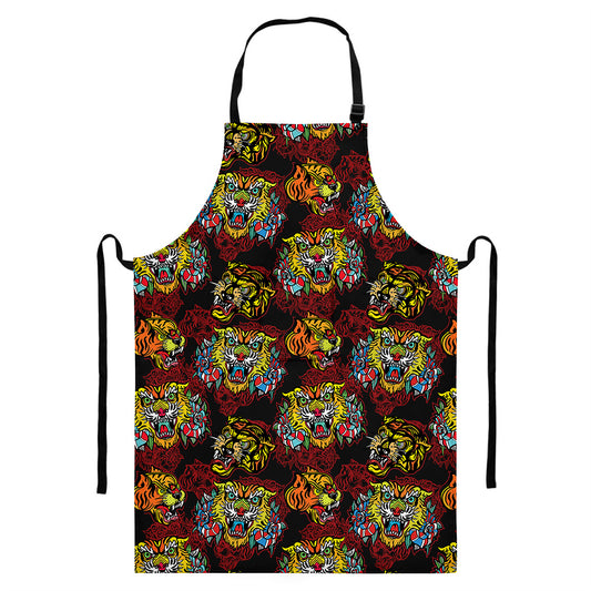 Red Tiger Tattoo Pattern Print Bib Apron With Pocket