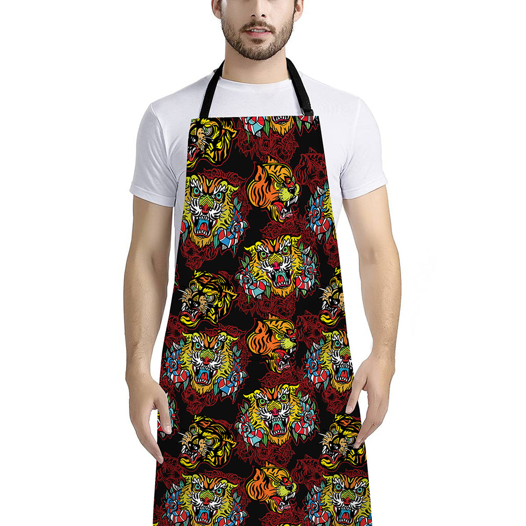 Red Tiger Tattoo Pattern Print Bib Apron With Pocket
