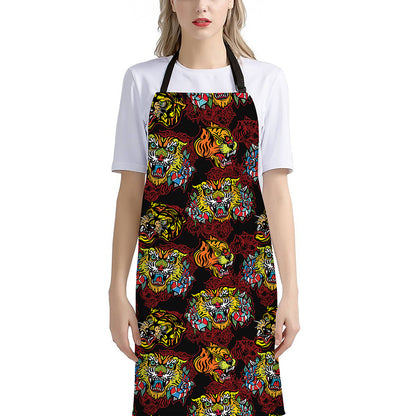 Red Tiger Tattoo Pattern Print Bib Apron With Pocket