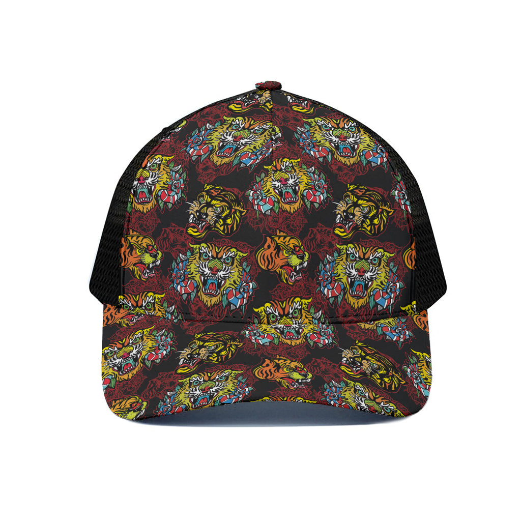 Red Tiger Tattoo Pattern Print Black Mesh Trucker Cap