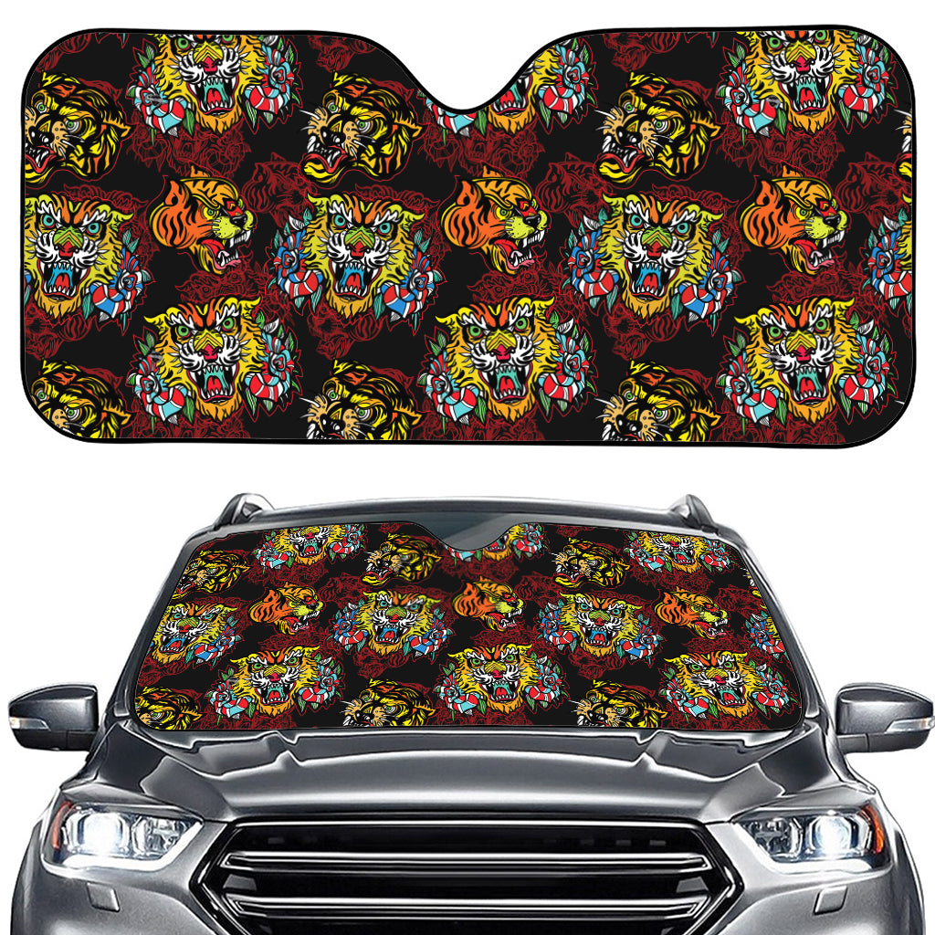 Red Tiger Tattoo Pattern Print Car Windshield Sun Shade