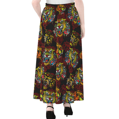 Red Tiger Tattoo Pattern Print Chiffon Maxi Skirt