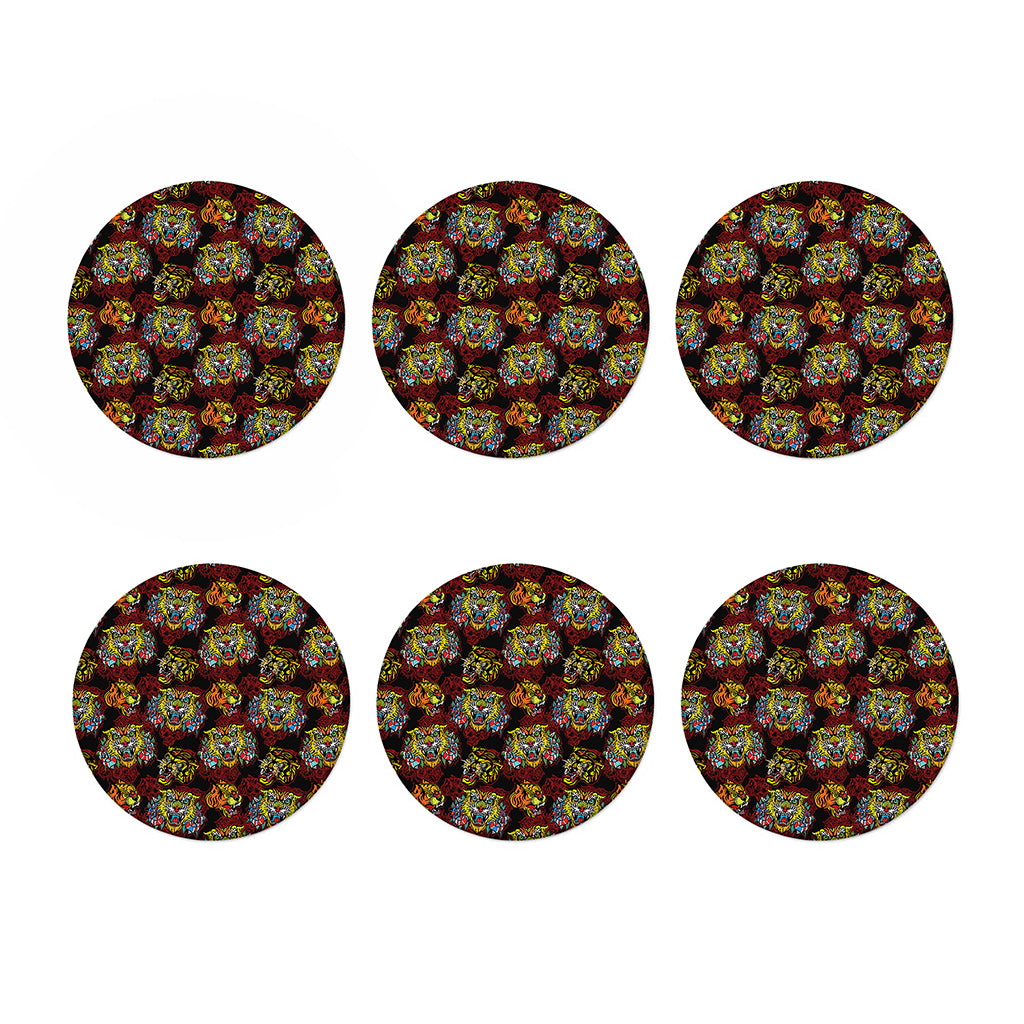 Red Tiger Tattoo Pattern Print Coaster Set