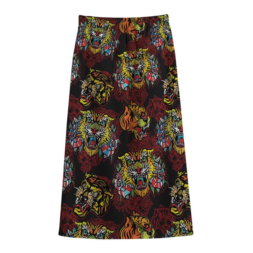 Red Tiger Tattoo Pattern Print Cotton Front Slit Maxi Skirt