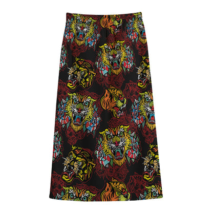 Red Tiger Tattoo Pattern Print Cotton Front Slit Maxi Skirt