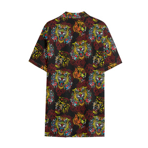 Red Tiger Tattoo Pattern Print Cotton Hawaiian Shirt