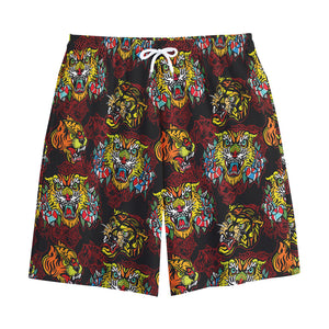 Red Tiger Tattoo Pattern Print Cotton Shorts